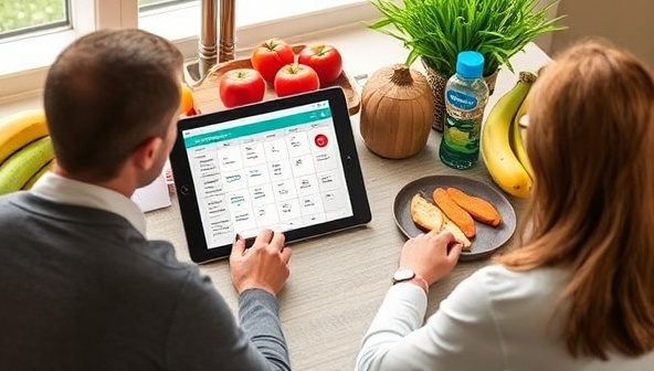 A virtual nutrition coaching session in progress with a nutrition coach discussing a personalized meal plan on a digital tablet with a client, surrounded by fresh fruits, vegetables, and a water bottle, creating a health-focused and supportive environment at NutriNurture.