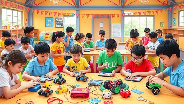 A vibrant and dynamic summer camp scene with kids engaged in coding activities, building robots, and collaborating on tech projects in a colorful and interactive camp setting, showcasing the fun and educational aspects of the CodeBots Camp experience.