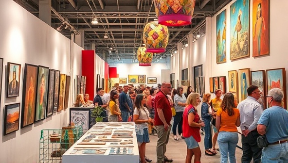 A captivating visual of a vibrant art showcase event with colorful displays, interactive installations, and enthusiastic attendees mingling with local artists, capturing the essence of creativity and community engagement at Artisan Spotlight.