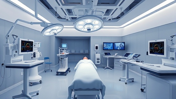 An immersive VR training scenario depicting a medical simulation with a virtual operating room, medical equipment, and patient interactions, highlighting the realism and practicality of the VR training simulators developed by the business.
