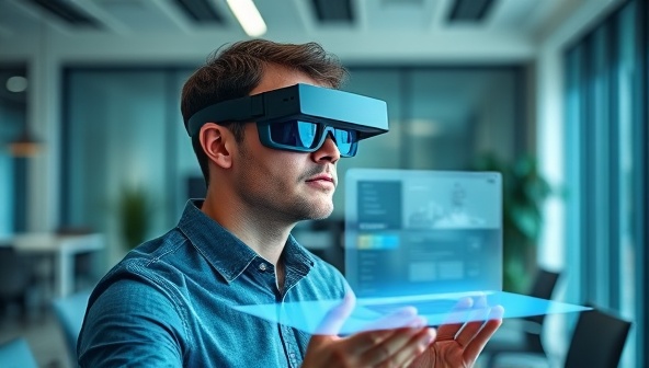 An individual wearing AR glasses, interacting with a holographic representation of a website design in a modern office setting, showcasing the seamless integration of AR WebMock's prototyping services with real-world environments.