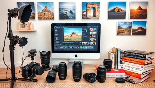 A digital photography studio setup with cameras, lenses, editing software on a computer screen, travel photography books, and inspiring travel prints on the wall, creating a creative and immersive learning environment for photography enthusiasts.