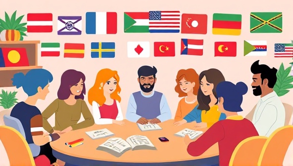 An artistic illustration of a virtual language club meeting with diverse avatars representing different languages, engaging in language games and cultural exchanges, creating a vibrant and inclusive learning atmosphere.