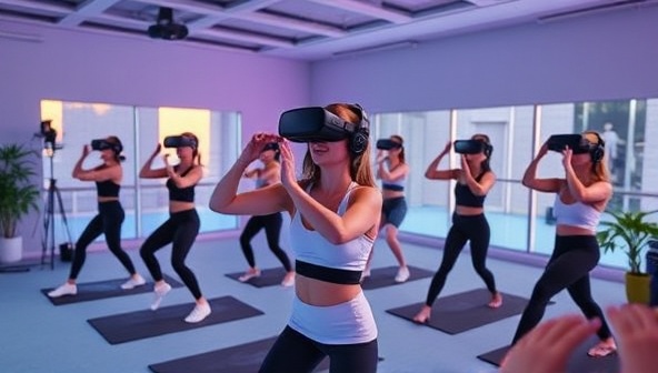 An immersive VR fitness environment with users participating in virtual group workouts led by trainers, showcasing the interactive and engaging nature of virtual reality fitness classes for a dynamic workout experience.
