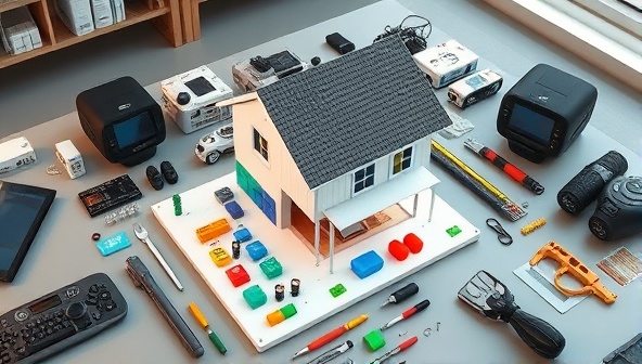 An enticing image of a colorful and neatly organized smart home assembly kit laid out on a sleek workspace, surrounded by high-tech gadgets and tools, evoking a sense of creativity and innovation associated with SmartBuild Kits.