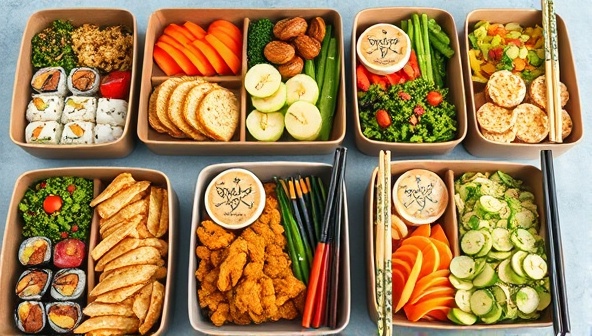 An assortment of beautifully arranged bento boxes showcasing colorful, neatly arranged compartments filled with vibrant dishes like sushi, teriyaki chicken, and fresh salads, presented in eco-friendly packaging with chopsticks, exuding a modern and health-conscious dining experience.