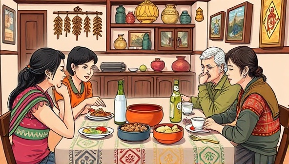 An illustration of a traveler sharing a meal with a local host family, surrounded by cultural artifacts and warm hospitality, capturing the essence of cultural immersion and connection through homestay experiences with Culture Connect Stays.