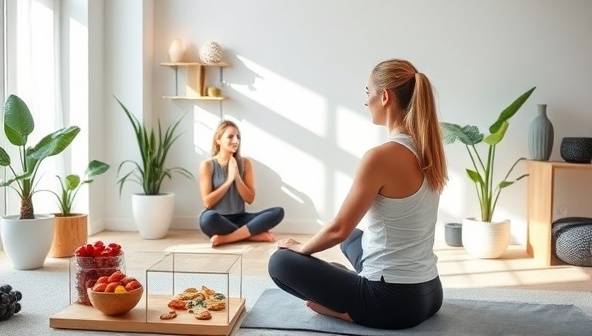 A serene wellness setting with calming decor, healthy snacks, fitness equipment, and a wellness coach engaging in a coaching session with a client, promoting a holistic approach to health and well-being.