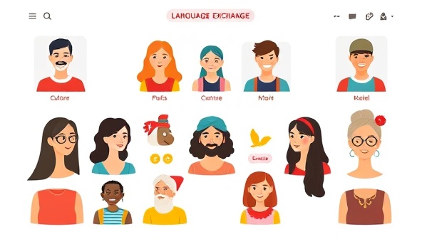 An online platform interface showing language exchange sessions with diverse avatars representing different cultures and languages, engaging in conversation and virtual learning activities, promoting diversity and language immersion.
