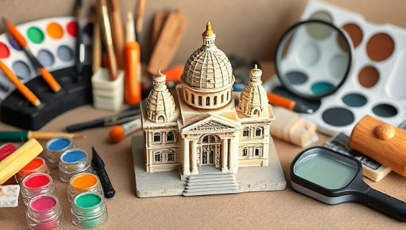An image of a beautifully crafted miniature model of a famous architectural landmark, surrounded by miniature tools, paint palettes, and a magnifying glass, creating a whimsical and creative atmosphere that inspires architectural DIY enthusiasts.