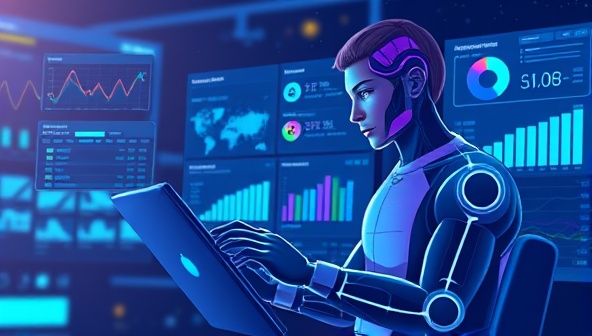 An illustration of an AI-powered virtual assistant providing personalized financial insights to a customer on a digital device, showcasing a futuristic and user-friendly interface.