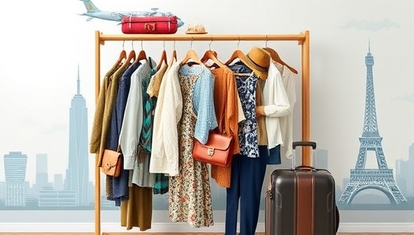 A wardrobe rack filled with chic travel outfits, accessories, and luggage tags against a backdrop of iconic travel destinations, creating a visual representation of a stylish and functional travel wardrobe for the modern jetsetter.