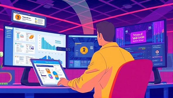 A vibrant digital illustration showing a virtual event planner at work, surrounded by screens displaying event layouts, schedules, and engagement statistics, capturing the essence of digital event organization and coordination.