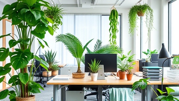 An office environment adorned with lush green plants, eco-friendly office supplies, and sustainable decor elements, exuding a sense of environmental consciousness and commitment to sustainability.