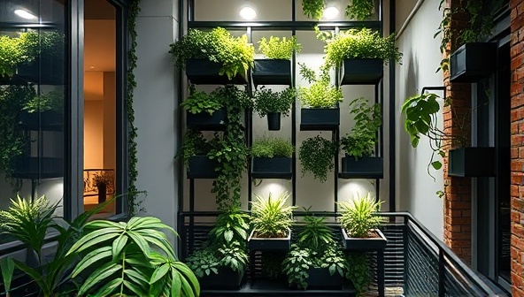 An artistic rendering of a modern urban apartment balcony transformed into a lush vertical garden with multiple tiers of plants growing under grow lights, showcasing a harmonious blend of nature and urban living.