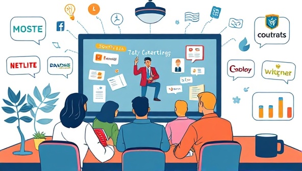 An artistic depiction of a virtual brand storytelling workshop with participants engaged in storytelling exercises, led by a charismatic facilitator on a digital platform, surrounded by visual storytelling elements and brand logos, conveying creativity and brand identity transformation.