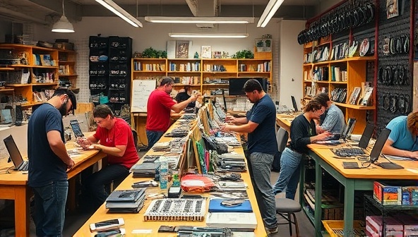 A dynamic tech workshop scene with technicians repairing devices, customers participating in upcycling workshops, shelves of refurbished gadgets, and colorful tech DIY projects on display, illustrating creativity, innovation, and sustainability in action at ReTechRevive.