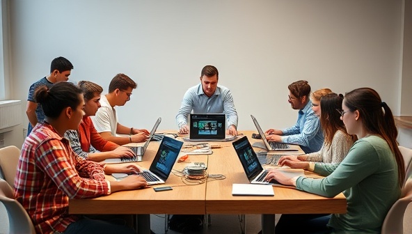 An image of a diverse group of people sitting around a large table, actively engaged in building websites on their laptops while an experienced instructor provides guidance and feedback, creating a dynamic and collaborative learning environment.