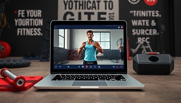A laptop screen showing a virtual workout session with a trainer guiding a user through exercises, surrounded by fitness equipment and motivational quotes, inspiring a sense of motivation and progress.