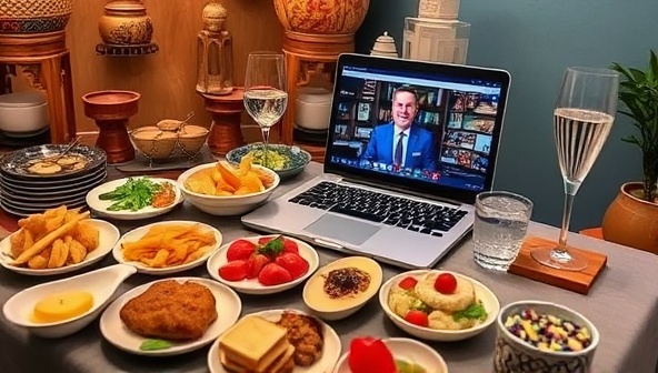 An immersive virtual tasting setup featuring an array of gourmet food samples, tasting glasses, and a laptop displaying a live tasting session with an engaging host, surrounded by cultural decor and thematic elements, evoking a sense of global exploration and culinary discovery.