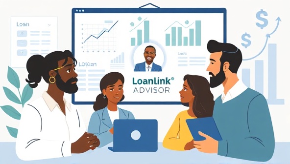 A digital illustration of a diverse group of small business owners consulting with LoanLink Advisor experts via video call, with financial charts, loan options, and business growth symbols in the background, symbolizing support and guidance in small business financing decisions.
