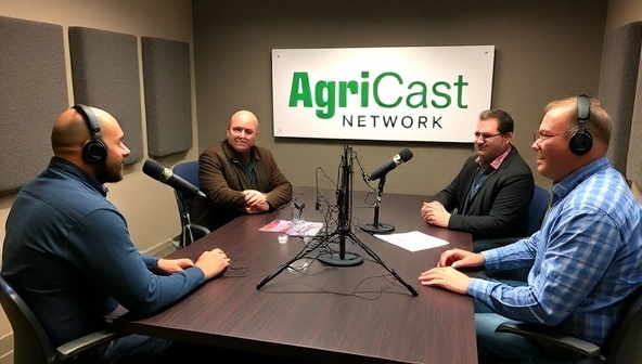 A podcast studio setup featuring microphones, soundproofing panels, and recording equipment, with hosts and guests discussing agricultural topics in a lively and engaging conversation, reflecting the dynamic and informative nature of AgriCast Network shows.