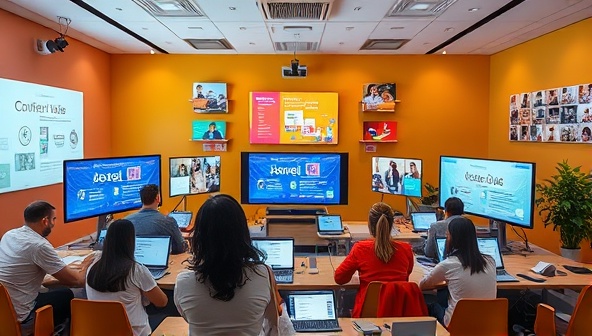 A dynamic and colorful virtual classroom setting with participants from diverse backgrounds engaging in a collaborative web design workshop, surrounded by interactive screens displaying design tools and inspirational visuals, fostering a sense of creativity and community.