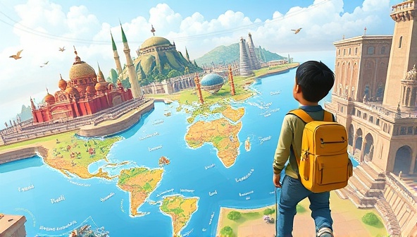 An adventurous language learner exploring a virtual world filled with language puzzles, cultural landmarks, and interactive language challenges, immersing players in the captivating language learning experience of LingoQuest Adventures.