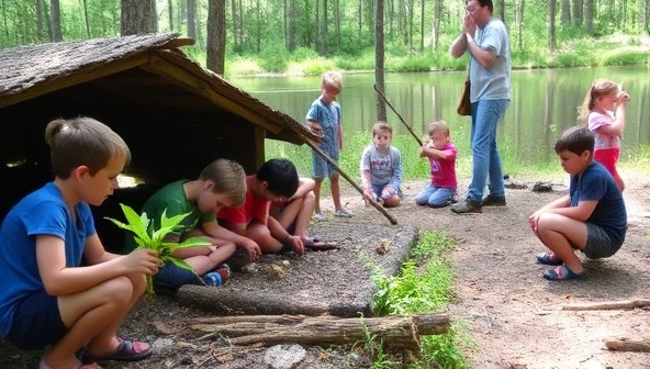 An outdoor camp scene with children engaged in wilderness activities, building shelters, identifying plants, and learning survival skills under the guidance of experienced instructors, highlighting the adventurous and educational aspects of WildRoots Adventures.