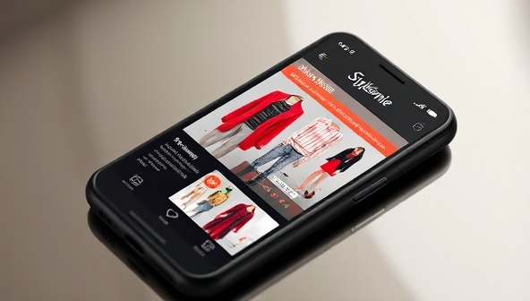 An elegant smartphone screen displaying a user interface of the StyleGenie app, with personalized outfit recommendations, color palettes, and style inspirations, creating a visually appealing and user-friendly experience.