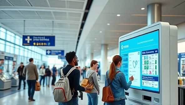 An engaging visual of a sleek and modern medication dispensing kiosk in a bustling airport terminal, with a diverse group of individuals using the touchscreen interface to refill prescriptions and purchase healthcare essentials, illustrating convenience and accessibility.