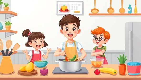 An animated illustration of a virtual cooking class with kids joyfully cooking together online, surrounded by colorful ingredients and kitchen utensils, fostering a sense of fun, learning, and togetherness.