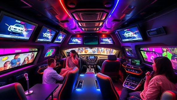 An interior shot of the karaoke lounge featuring stylish car-themed booths equipped with microphones and screens, customers enjoying their karaoke experience, colorful lights creating a vibrant and energetic atmosphere.