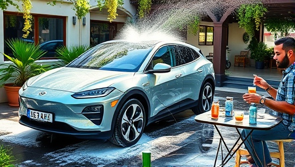 A vibrant scene featuring a gleaming electric car being washed with eco-friendly products while customers enjoy coffee and snacks at outdoor tables, emphasizing the sustainability and relaxation aspects of the business.