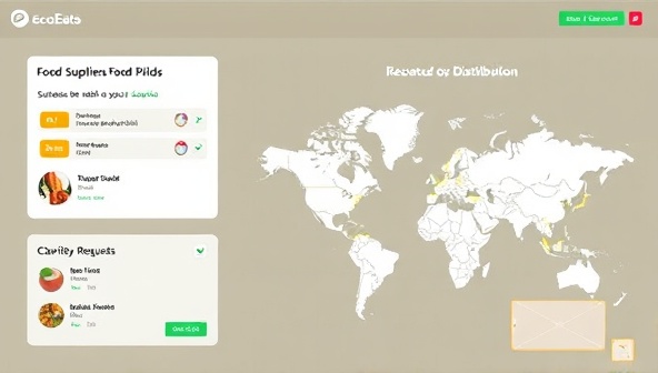 An interactive online platform interface showing food suppliers listing surplus items available for donation, charities requesting specific food items, and a map displaying the distribution network of donated food, symbolizing the efficient and impactful food waste reduction process facilitated by EcoEats Connect.