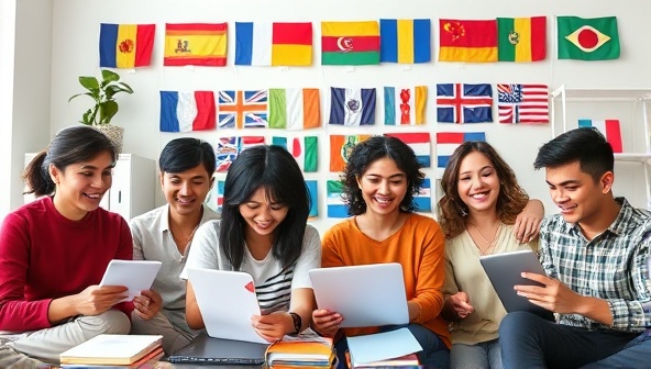 An engaging image of diverse individuals participating in a virtual language learning session, with language flags, study materials, and digital devices visible, illustrating a multicultural and interactive learning environment.