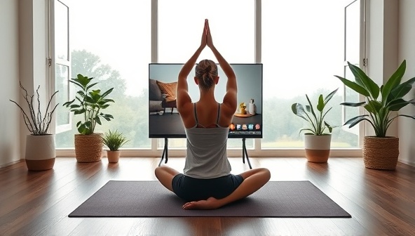 An inviting virtual yoga studio setup with a serene background, featuring a yoga instructor leading a session via video call with participants following along from their homes, promoting relaxation and mindfulness.