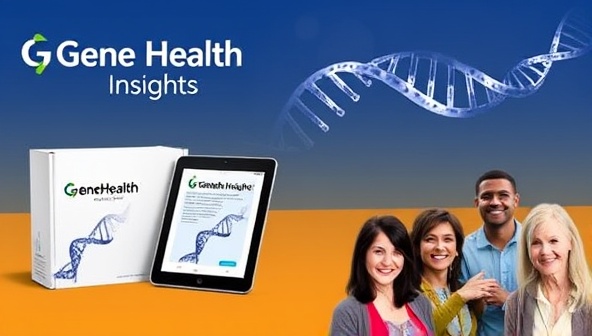 An engaging visual representation of a genetic testing kit with GeneHealth Insights branding, alongside a tablet displaying personalized genetic health insights, a DNA strand graphic, and a diverse group of individuals of different ages and backgrounds, symbolizing genetic diversity and personalized healthcare solutions.