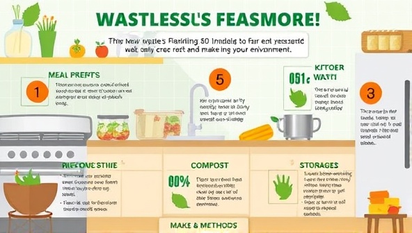 An engaging infographic displaying a kitchen scene with various food waste reduction techniques such as meal prepping, composting, and proper storage methods, inspiring viewers to join the WasteLessFeastMore challenge and make a positive impact on the environment.