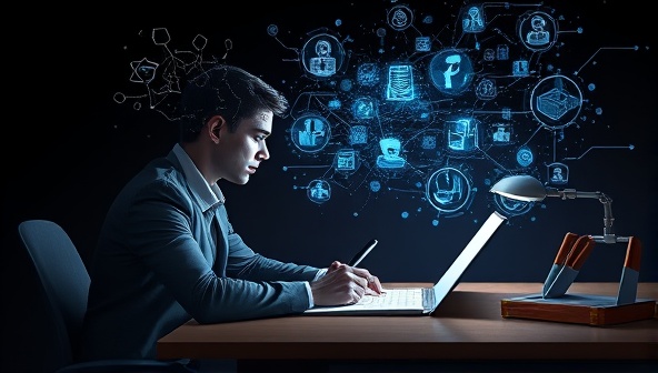 An artistic depiction of a futuristic AI assistant, visualized as a digital muse whispering creative ideas into the ear of a writer sitting at a desk with a pen in hand, surrounded by swirling thoughts and inspiration.