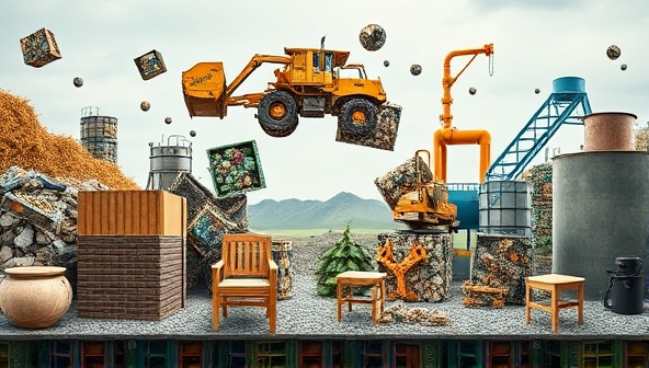 An imaginative visual representation showcasing the transformation of mining waste materials into recycled products, such as building materials, furniture, and industrial components, symbolizing the circular economy concept promoted by WasteMineRecycle.