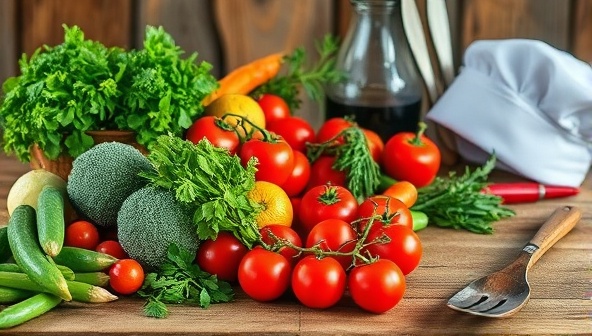 A rustic farm kitchen setting with fresh vegetables and herbs on a wooden table, alongside cooking utensils and a chef's hat, evoking a sense of farm-to-table culinary education and hands-on cooking experience.