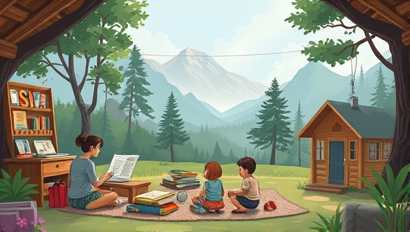 A digital illustration of a serene virtual retreat setting with writers immersed in writing activities, surrounded by virtual nature scenes, cozy cabins, and inspirational quotes, creating a peaceful and inspiring ambiance for creativity and community building in an online writing retreat.