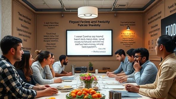 An inspiring virtual incubator atmosphere with a diverse group of food entrepreneurs engaged in a collaborative workshop, sharing ideas, sketches, and culinary creations on digital screens, surrounded by motivational quotes and industry success stories, fostering a supportive and innovative startup environment.