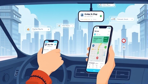 A futuristic cityscape illustration showing a driver using the ParkWise app on a smartphone to find a parking spot, with digital overlays of available spaces, pricing details, and navigation directions, conveying convenience and urban mobility optimization.
