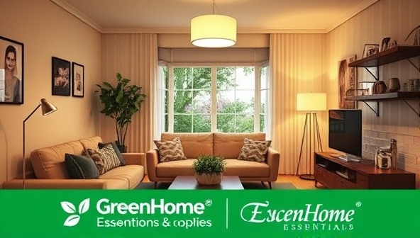 A cozy living room setting with energy-efficient LED lights, a smart thermostat, and water-saving fixtures, creating a comfortable and sustainable home environment, promoting the benefits of GreenHome Essentials subscription.