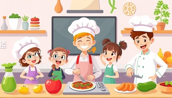 An animated illustration of a virtual cooking class session with colorful ingredients, joyful kids wearing chef hats, and a friendly chef leading the online cooking tutorial, creating a playful and educational atmosphere.