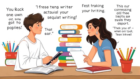 An artistic illustration of a teen writer receiving feedback from a mentor, with a stack of colorful notebooks, writing tools, and inspirational quotes in the background, symbolizing the creative mentorship and growth opportunities offered by the Teen Inkwell platform.