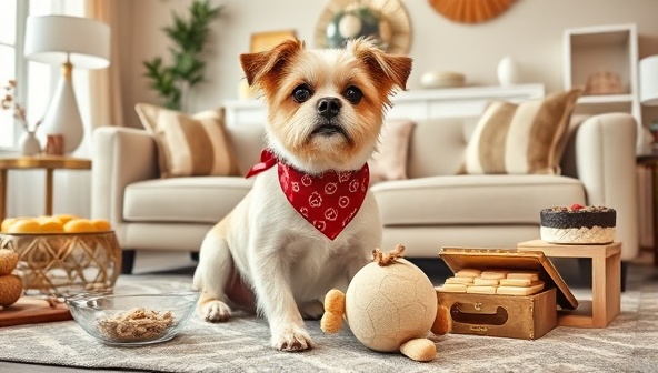 An adorable pet photo shoot featuring a stylish dog wearing a trendy bandana, playing with a plush toy in a chic pet-friendly living room setting adorned with elegant pet accessories and treats, exuding a sense of luxury and comfort for pet owners and their furry friends.