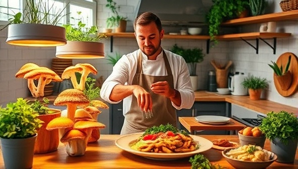 An inviting kitchen setup with a variety of mushroom varieties growing in DIY cultivation kits, a chef incorporating freshly harvested mushrooms into a gourmet dish, and a cozy cooking atmosphere with natural wood accents and greenery, showcasing the joy of homegrown mushrooms in culinary creations.